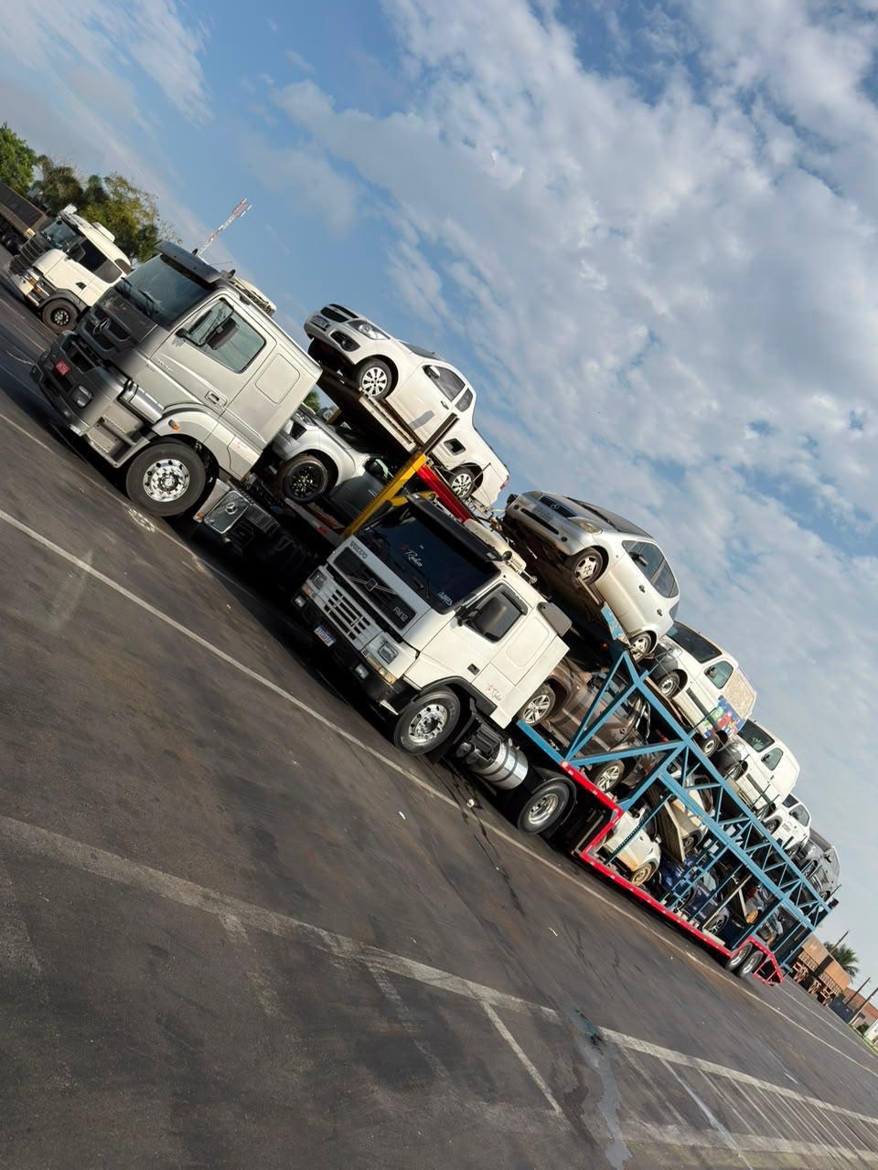 Duas cegonhas carregadas com veículos estacionadas lado a lado